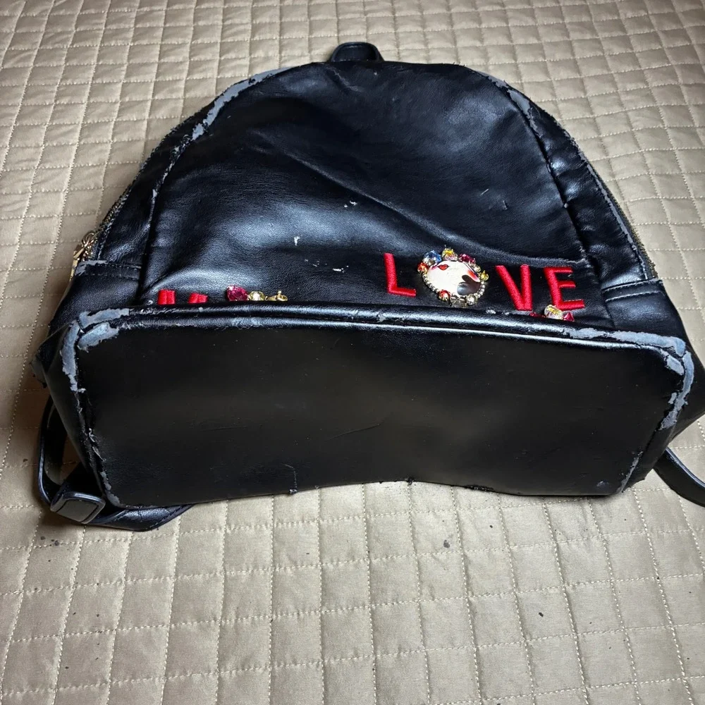Love‎ Moschino Black Faux Leather Backpack Jeweled Patches Red Logo AS IS Repair